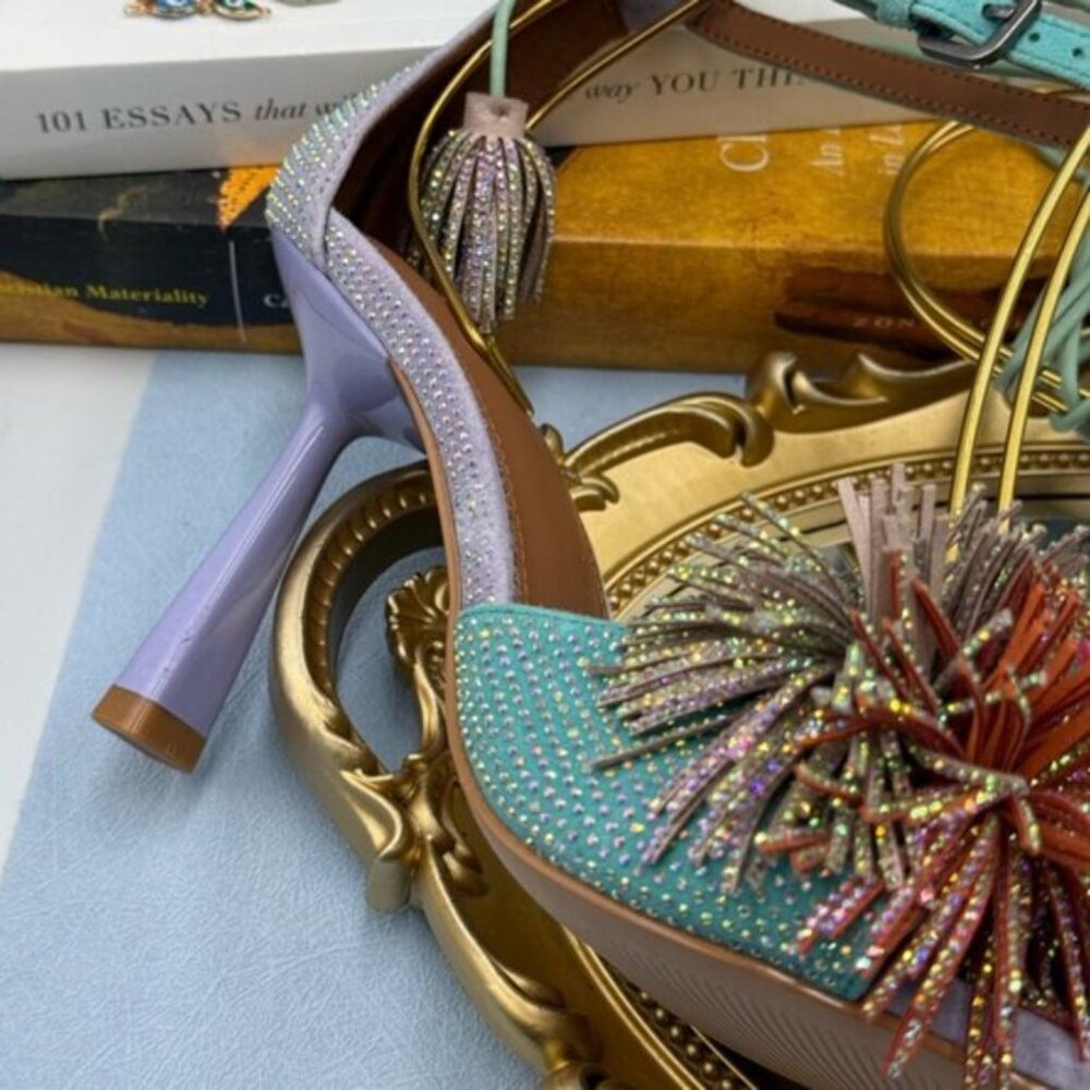 🆕 KURT GEIGER LONDON 🧿 NWOB Lilac & Teal Pom Pom Tie Ankle Heel, Sz 36 US 6 - Picture 12 of 15